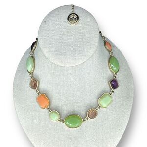 Women's Crown Trifari Gold Tone Necklace Faceted Stones Peach Jade Purple 17"